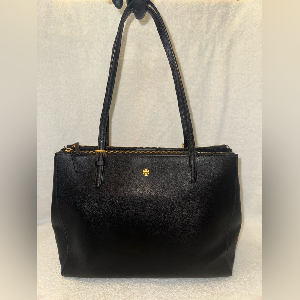 Tory Burch 134837 Emerson Large Double Zip Tote Black Saffiano Leather Bag